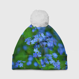 Шапка 3D c помпоном с принтом синие цветочки в Санкт-Петербурге, 100% полиэстер | универсальный размер, печать по всей поверхности изделия | 