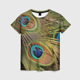 Женская футболка 3D с принтом перо павлина в Санкт-Петербурге, 100% полиэфир ( синтетическое хлопкоподобное полотно) | прямой крой, круглый вырез горловины, длина до линии бедер | павлин | перо | перышки | птица