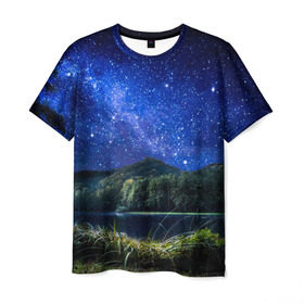 Мужская футболка 3D с принтом Ночная природа в Санкт-Петербурге, 100% полиэфир | прямой крой, круглый вырез горловины, длина до линии бедер | Тематика изображения на принте: горы | звезды | небо | озеро | природа