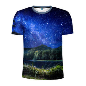 Мужская футболка 3D спортивная с принтом Ночная природа в Санкт-Петербурге, 100% полиэстер с улучшенными характеристиками | приталенный силуэт, круглая горловина, широкие плечи, сужается к линии бедра | Тематика изображения на принте: горы | звезды | небо | озеро | природа