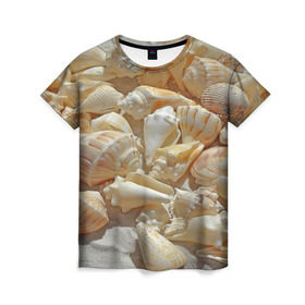 Женская футболка 3D с принтом ракушки на песке в Санкт-Петербурге, 100% полиэфир ( синтетическое хлопкоподобное полотно) | прямой крой, круглый вырез горловины, длина до линии бедер | лето | море | песок | пляж | ракушки