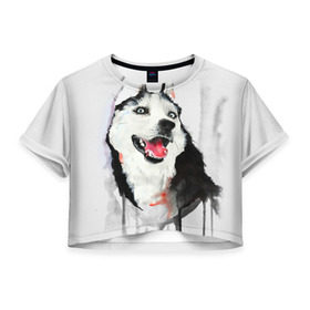 Женская футболка 3D укороченная с принтом Хаски в Санкт-Петербурге, 100% полиэстер | круглая горловина, длина футболки до линии талии, рукава с отворотами | голова животного | кутёнок | прикольные картинки | собака | щенок