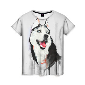 Женская футболка 3D с принтом Хаски в Санкт-Петербурге, 100% полиэфир ( синтетическое хлопкоподобное полотно) | прямой крой, круглый вырез горловины, длина до линии бедер | голова животного | кутёнок | прикольные картинки | собака | щенок