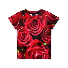 Детская футболка 3D с принтом Розы в Санкт-Петербурге, 100% гипоаллергенный полиэфир | прямой крой, круглый вырез горловины, длина до линии бедер, чуть спущенное плечо, ткань немного тянется | Тематика изображения на принте: красный | лепестки | прикольные картинки | розы | цветочки | цветы