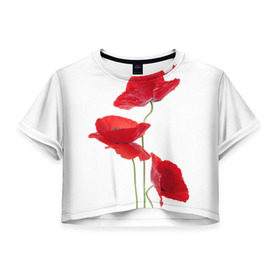 Женская футболка 3D укороченная с принтом Маки в Санкт-Петербурге, 100% полиэстер | круглая горловина, длина футболки до линии талии, рукава с отворотами | field | flowers | poppies | poppy | red | wild | красные | мак | маки | поле | полевые | цветы