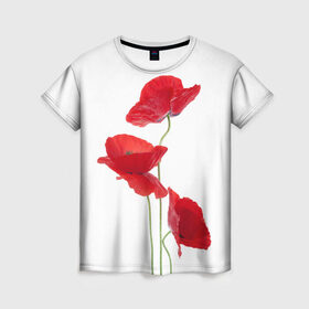 Женская футболка 3D с принтом Маки в Санкт-Петербурге, 100% полиэфир ( синтетическое хлопкоподобное полотно) | прямой крой, круглый вырез горловины, длина до линии бедер | Тематика изображения на принте: field | flowers | poppies | poppy | red | wild | красные | мак | маки | поле | полевые | цветы