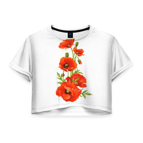 Женская футболка 3D укороченная с принтом Маки в Санкт-Петербурге, 100% полиэстер | круглая горловина, длина футболки до линии талии, рукава с отворотами | field | flowers | poppies | poppy | red | wild | красные | мак | маки | поле | полевые | цветы