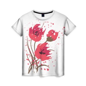Женская футболка 3D с принтом Маки в Санкт-Петербурге, 100% полиэфир ( синтетическое хлопкоподобное полотно) | прямой крой, круглый вырез горловины, длина до линии бедер | art | drawing | flowers | poppies | poppy | red | wild | wind | арт | ветер | красные | мак | маки | полевые | рисунок | цветы