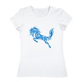 Женская футболка хлопок с принтом Blue unicorn в Санкт-Петербурге, 100% хлопок | прямой крой, круглый вырез горловины, длина до линии бедер, слегка спущенное плечо | вектор | грива | единорог | животное | конь | прыгающий | рог | синий | скачущий | существо | тату