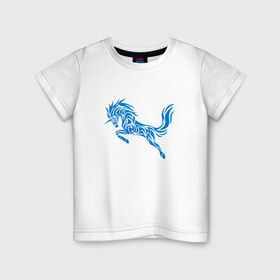 Детская футболка хлопок с принтом Blue unicorn в Санкт-Петербурге, 100% хлопок | круглый вырез горловины, полуприлегающий силуэт, длина до линии бедер | Тематика изображения на принте: вектор | грива | единорог | животное | конь | прыгающий | рог | синий | скачущий | существо | тату