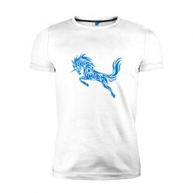Мужская футболка премиум с принтом Blue unicorn в Санкт-Петербурге, 92% хлопок, 8% лайкра | приталенный силуэт, круглый вырез ворота, длина до линии бедра, короткий рукав | вектор | грива | единорог | животное | конь | прыгающий | рог | синий | скачущий | существо | тату
