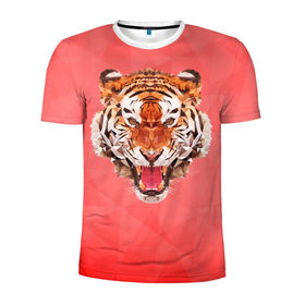 Мужская футболка 3D спортивная с принтом Полигональный Тигр в Санкт-Петербурге, 100% полиэстер с улучшенными характеристиками | приталенный силуэт, круглая горловина, широкие плечи, сужается к линии бедра | красный | полигоны | тигр