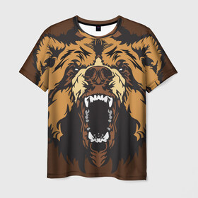 Мужская футболка 3D с принтом Медведь в Санкт-Петербурге, 100% полиэфир | прямой крой, круглый вырез горловины, длина до линии бедер | animal | bear | beast | brown | face | fangs | head | taiga | teeth | wild | бурый | голова | дикий | животное | зверь | клыки | медведь | оскал | тайга