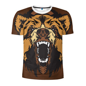 Мужская футболка 3D спортивная с принтом Медведь в Санкт-Петербурге, 100% полиэстер с улучшенными характеристиками | приталенный силуэт, круглая горловина, широкие плечи, сужается к линии бедра | animal | bear | beast | brown | face | fangs | head | taiga | teeth | wild | бурый | голова | дикий | животное | зверь | клыки | медведь | оскал | тайга