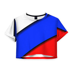 Женская футболка 3D укороченная с принтом Российский флаг в Санкт-Петербурге, 100% полиэстер | круглая горловина, длина футболки до линии талии, рукава с отворотами | косой | наклонный | триколор