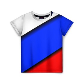 Детская футболка 3D с принтом Российский флаг в Санкт-Петербурге, 100% гипоаллергенный полиэфир | прямой крой, круглый вырез горловины, длина до линии бедер, чуть спущенное плечо, ткань немного тянется | Тематика изображения на принте: косой | наклонный | триколор