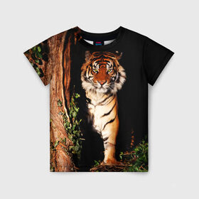 Детская футболка 3D с принтом Тигр в Санкт-Петербурге, 100% гипоаллергенный полиэфир | прямой крой, круглый вырез горловины, длина до линии бедер, чуть спущенное плечо, ткань немного тянется | Тематика изображения на принте: дикая кошка | лес | природа | тигр | хищник