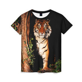 Женская футболка 3D с принтом Тигр в Санкт-Петербурге, 100% полиэфир ( синтетическое хлопкоподобное полотно) | прямой крой, круглый вырез горловины, длина до линии бедер | Тематика изображения на принте: дикая кошка | лес | природа | тигр | хищник