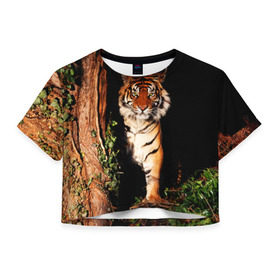 Женская футболка 3D укороченная с принтом Тигр в Санкт-Петербурге, 100% полиэстер | круглая горловина, длина футболки до линии талии, рукава с отворотами | дикая кошка | лес | природа | тигр | хищник