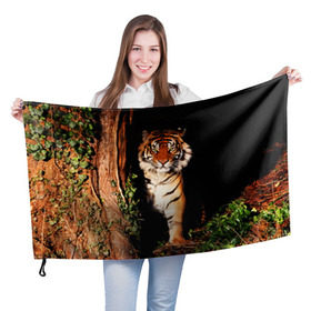 Флаг 3D с принтом Тигр в Санкт-Петербурге, 100% полиэстер | плотность ткани — 95 г/м2, размер — 67 х 109 см. Принт наносится с одной стороны | дикая кошка | лес | природа | тигр | хищник