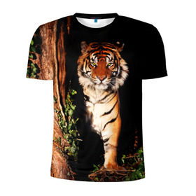 Мужская футболка 3D спортивная с принтом Тигр в Санкт-Петербурге, 100% полиэстер с улучшенными характеристиками | приталенный силуэт, круглая горловина, широкие плечи, сужается к линии бедра | дикая кошка | лес | природа | тигр | хищник