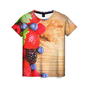 Женская футболка 3D с принтом Ягодки в Санкт-Петербурге, 100% полиэфир ( синтетическое хлопкоподобное полотно) | прямой крой, круглый вырез горловины, длина до линии бедер | красная | малина | новая | ягода | ягодная