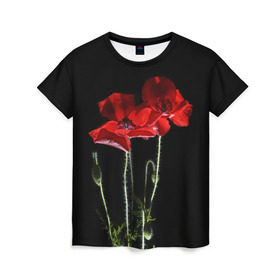Женская футболка 3D с принтом Маки в Санкт-Петербурге, 100% полиэфир ( синтетическое хлопкоподобное полотно) | прямой крой, круглый вырез горловины, длина до линии бедер | Тематика изображения на принте: background | black | flowers | poppies | poppy | red | wild | красные | мак | маки | полевые | фон | цветы | черный