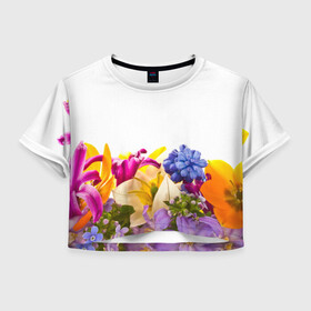 Женская футболка 3D укороченная с принтом Среди цветов в Санкт-Петербурге, 100% полиэстер | круглая горловина, длина футболки до линии талии, рукава с отворотами | Тематика изображения на принте: аромат | букет | вазон | великолепие | краски | красота | куст | луг | полевые цветы | полянка | природа | растения | украшение | фауна | цветник | цветы