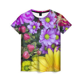 Женская футболка 3D с принтом Роскошные цветы в Санкт-Петербурге, 100% полиэфир ( синтетическое хлопкоподобное полотно) | прямой крой, круглый вырез горловины, длина до линии бедер | аромат | астры | букет | вазон | великолепие | гвоздики | гиацинт | гортензия | калла | краски | красота | куст | лилия | орхидея | пион | подсолнух | полевые цветы | природа | растения | розы | ромашки