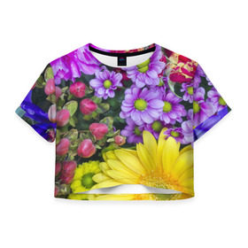 Женская футболка 3D укороченная с принтом Роскошные цветы в Санкт-Петербурге, 100% полиэстер | круглая горловина, длина футболки до линии талии, рукава с отворотами | аромат | астры | букет | вазон | великолепие | гвоздики | гиацинт | гортензия | калла | краски | красота | куст | лилия | орхидея | пион | подсолнух | полевые цветы | природа | растения | розы | ромашки