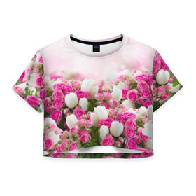 Женская футболка 3D укороченная с принтом Нежные розы в Санкт-Петербурге, 100% полиэстер | круглая горловина, длина футболки до линии талии, рукава с отворотами | аромат | букет | вазон | великолепие | краски | красота | куст | нежность | природа | растения | розы | украшение | фауна | цветник | цветы