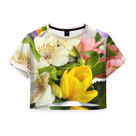 Женская футболка 3D укороченная с принтом Красивый букет в Санкт-Петербурге, 100% полиэстер | круглая горловина, длина футболки до линии талии, рукава с отворотами | аромат | астры | букет | вазон | великолепие | гвоздики | гиацинт | гортензия | калла | краски | красота | куст | лилия | орхидея | пион | подсолнух | полевые цветы | природа | растения | розы | ромашки