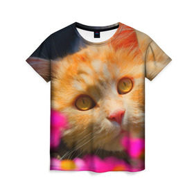 Женская футболка 3D с принтом Кошечка в Санкт-Петербурге, 100% полиэфир ( синтетическое хлопкоподобное полотно) | прямой крой, круглый вырез горловины, длина до линии бедер | животные | кот | кошка | милая | рыжий
