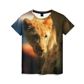 Женская футболка 3D с принтом Львица в Санкт-Петербурге, 100% полиэфир ( синтетическое хлопкоподобное полотно) | прямой крой, круглый вырез горловины, длина до линии бедер | lion | голова животного | дикая кошка | кот | лев | цвет