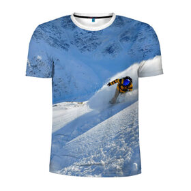 Мужская футболка 3D спортивная с принтом Спуск в Санкт-Петербурге, 100% полиэстер с улучшенными характеристиками | приталенный силуэт, круглая горловина, широкие плечи, сужается к линии бедра | Тематика изображения на принте: гора | зима | лыжник | снег | спорт | спуск