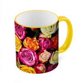 Кружка 3D с принтом Букет роз в Санкт-Петербурге, керамика | ёмкость 330 мл | жёлтый | красный | лепестки | прикольные картинки | розы | цветочки | цветы