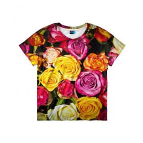 Детская футболка 3D с принтом Букет роз в Санкт-Петербурге, 100% гипоаллергенный полиэфир | прямой крой, круглый вырез горловины, длина до линии бедер, чуть спущенное плечо, ткань немного тянется | жёлтый | красный | лепестки | прикольные картинки | розы | цветочки | цветы