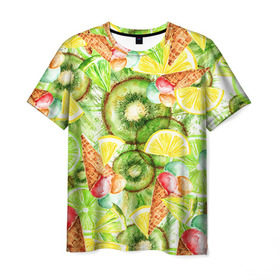 Мужская футболка 3D с принтом Веселые фрукты 2 в Санкт-Петербурге, 100% полиэфир | прямой крой, круглый вырез горловины, длина до линии бедер | Тематика изображения на принте: апельсин | арбуз | банан | виноград | груша | киви | мороженое | овощи | питание | ппп | правильное | тайланд | фрукт | яблоко