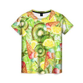 Женская футболка 3D с принтом Веселые фрукты 2 в Санкт-Петербурге, 100% полиэфир ( синтетическое хлопкоподобное полотно) | прямой крой, круглый вырез горловины, длина до линии бедер | апельсин | арбуз | банан | виноград | груша | киви | мороженое | овощи | питание | ппп | правильное | тайланд | фрукт | яблоко