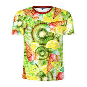 Мужская футболка 3D спортивная с принтом Веселые фрукты 2 в Санкт-Петербурге, 100% полиэстер с улучшенными характеристиками | приталенный силуэт, круглая горловина, широкие плечи, сужается к линии бедра | апельсин | арбуз | банан | виноград | груша | киви | мороженое | овощи | питание | ппп | правильное | тайланд | фрукт | яблоко