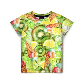 Детская футболка 3D с принтом Веселые фрукты 2 в Санкт-Петербурге, 100% гипоаллергенный полиэфир | прямой крой, круглый вырез горловины, длина до линии бедер, чуть спущенное плечо, ткань немного тянется | апельсин | арбуз | банан | виноград | груша | киви | мороженое | овощи | питание | ппп | правильное | тайланд | фрукт | яблоко