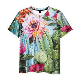 Мужская футболка 3D с принтом Зелень в Санкт-Петербурге, 100% полиэфир | прямой крой, круглый вырез горловины, длина до линии бедер | Тематика изображения на принте: кактусы | лилия | тропики | цветы