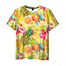 Мужская футболка 3D с принтом Веселые фрукты 1 в Санкт-Петербурге, 100% полиэфир | прямой крой, круглый вырез горловины, длина до линии бедер | Тематика изображения на принте: апельсин | арбуз | банан | виноград | груша | киви | овощи | питание | ппп | правильное | тайланд | фрукт | яблоко
