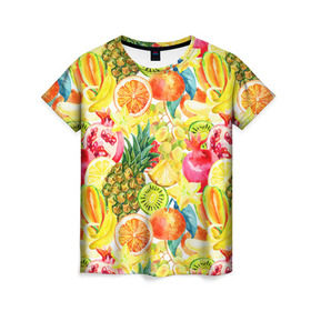 Женская футболка 3D с принтом Веселые фрукты 1 в Санкт-Петербурге, 100% полиэфир ( синтетическое хлопкоподобное полотно) | прямой крой, круглый вырез горловины, длина до линии бедер | апельсин | арбуз | банан | виноград | груша | киви | овощи | питание | ппп | правильное | тайланд | фрукт | яблоко