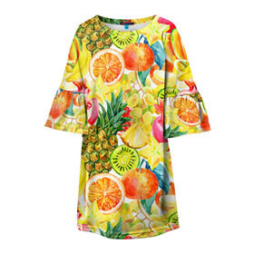 Детское платье 3D с принтом Веселые фрукты 1 в Санкт-Петербурге, 100% полиэстер | прямой силуэт, чуть расширенный к низу. Круглая горловина, на рукавах — воланы | Тематика изображения на принте: апельсин | арбуз | банан | виноград | груша | киви | овощи | питание | ппп | правильное | тайланд | фрукт | яблоко
