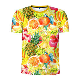 Мужская футболка 3D спортивная с принтом Веселые фрукты 1 в Санкт-Петербурге, 100% полиэстер с улучшенными характеристиками | приталенный силуэт, круглая горловина, широкие плечи, сужается к линии бедра | Тематика изображения на принте: апельсин | арбуз | банан | виноград | груша | киви | овощи | питание | ппп | правильное | тайланд | фрукт | яблоко
