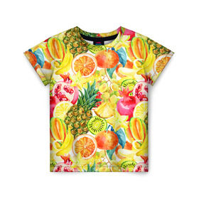 Детская футболка 3D с принтом Веселые фрукты 1 в Санкт-Петербурге, 100% гипоаллергенный полиэфир | прямой крой, круглый вырез горловины, длина до линии бедер, чуть спущенное плечо, ткань немного тянется | апельсин | арбуз | банан | виноград | груша | киви | овощи | питание | ппп | правильное | тайланд | фрукт | яблоко