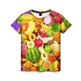 Женская футболка 3D с принтом Веселые фрукты в Санкт-Петербурге, 100% полиэфир ( синтетическое хлопкоподобное полотно) | прямой крой, круглый вырез горловины, длина до линии бедер | апельсин | арбуз | банан | виноград | груша | киви | овощи | питание | ппп | правильное | тайланд | фрукт | яблоко