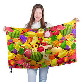 Флаг 3D с принтом Веселые фрукты в Санкт-Петербурге, 100% полиэстер | плотность ткани — 95 г/м2, размер — 67 х 109 см. Принт наносится с одной стороны | Тематика изображения на принте: апельсин | арбуз | банан | виноград | груша | киви | овощи | питание | ппп | правильное | тайланд | фрукт | яблоко