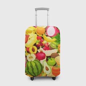 Чехол для чемодана 3D с принтом Веселые фрукты в Санкт-Петербурге, 86% полиэфир, 14% спандекс | двустороннее нанесение принта, прорези для ручек и колес | апельсин | арбуз | банан | виноград | груша | киви | овощи | питание | ппп | правильное | тайланд | фрукт | яблоко